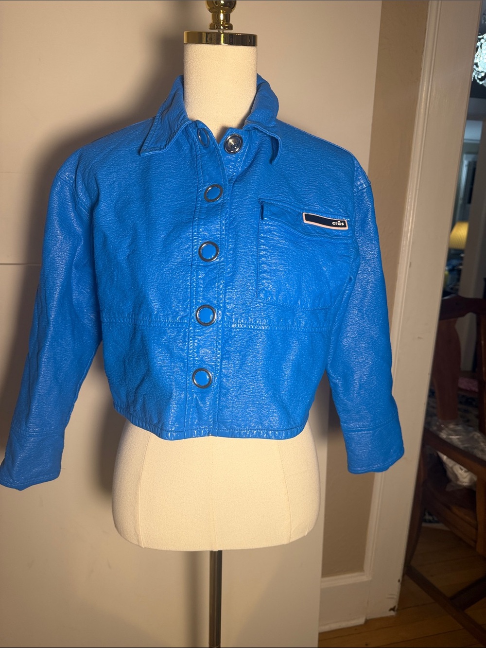 Cras Johanna Vegan Leather Cropped Jacket in Blue 36/ US 4 XS